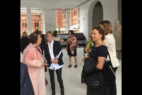 Amanda Levete at the press launch of her V&A Exhibition Road Quarter, standing in the Blavatnik Hall 